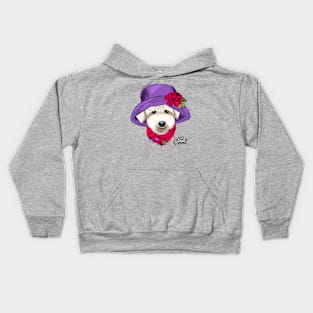 Dog with violet hat, flower and pink scarf Kids Hoodie